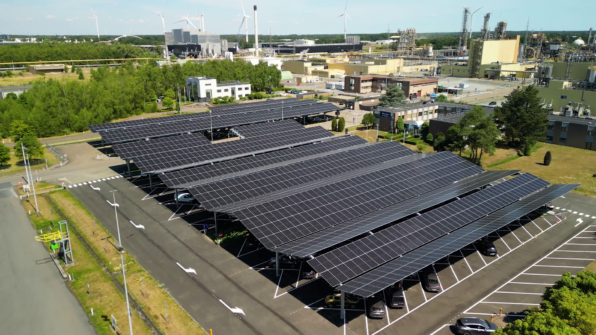 Photo: Aerial view of the solar canopies at the Borealis site in Beringen, Belgium